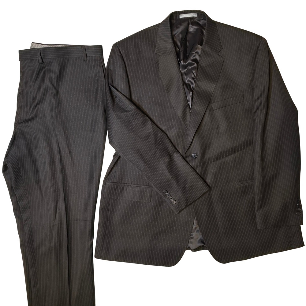 Michael Kors Mens 46R Pinstripe Two Button Suit Set Black Charcoal 46 Regular
